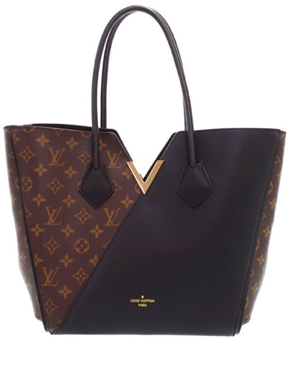 Louis Vuitton Brown Monogram & Black Leather Tote with Gold V Accent